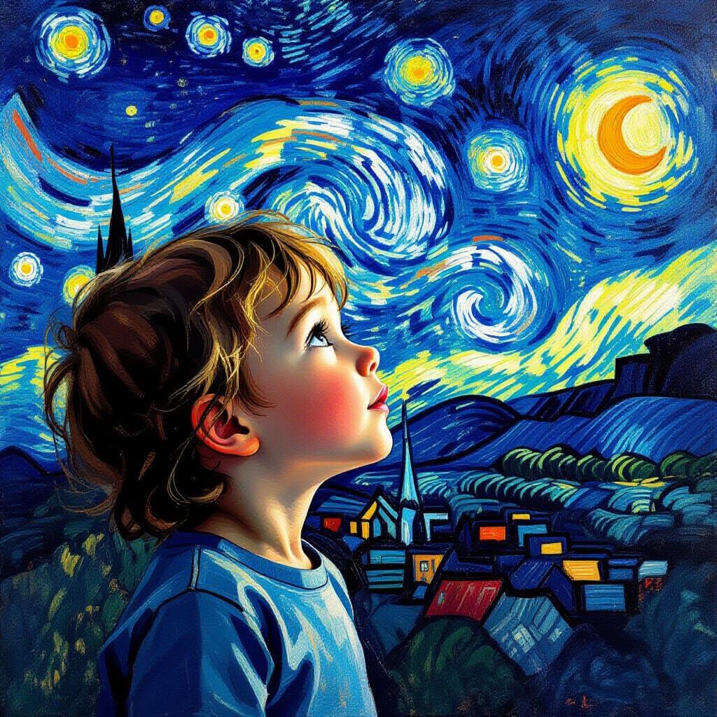 Child's Stargazing Dream in Van Gogh Style