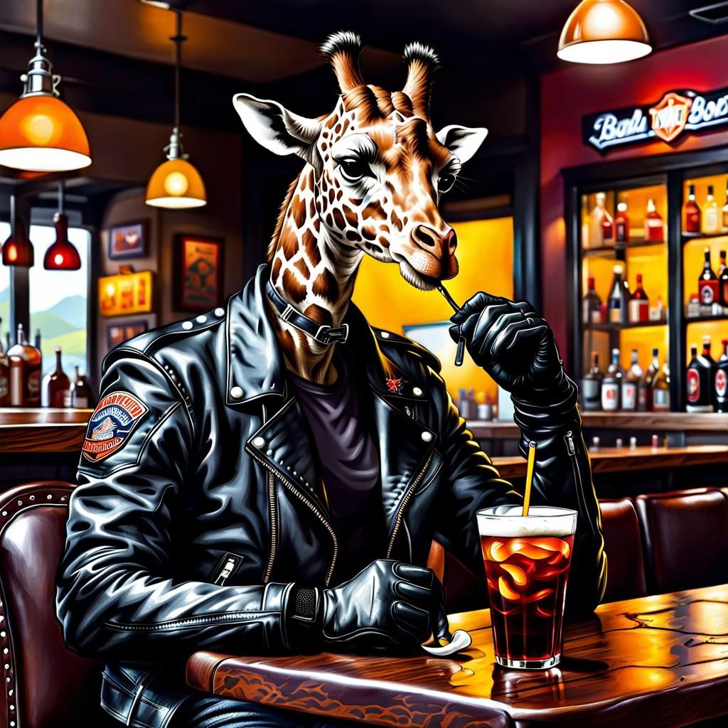 Anthropomorphic Giraffe Biker in Cartoon Style