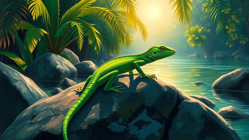 Vibrant Tropical Basilisk Lizard Perched on Rock near Tranqu...