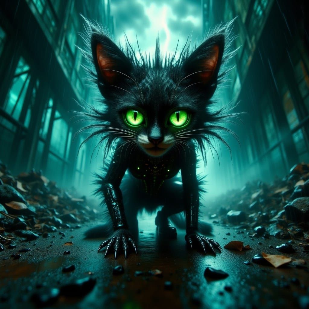 Cheshire Cat Ninja in Cyberpunk Rainforest