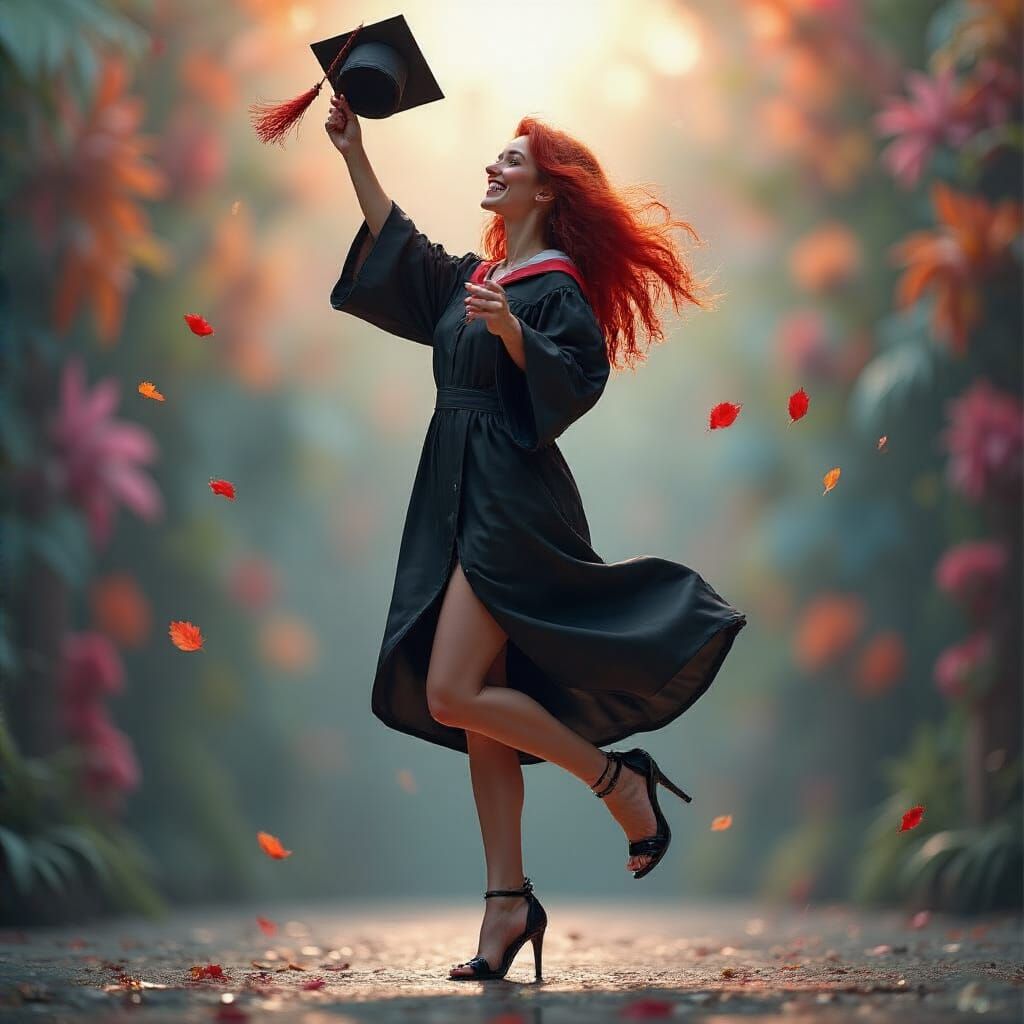 Joyful Graduate Celebrates in Hyperrealistic Splash Art