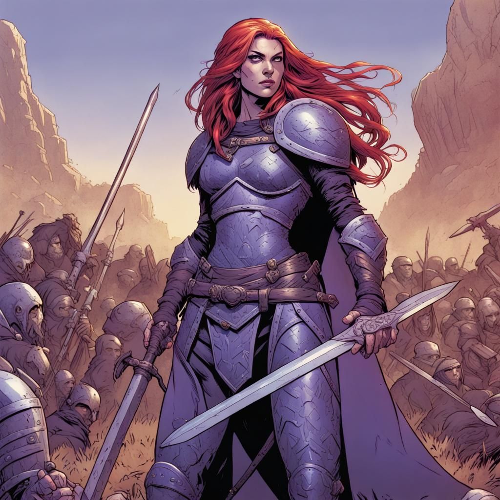 Giant Violet-Haired Warrior on Battlefield