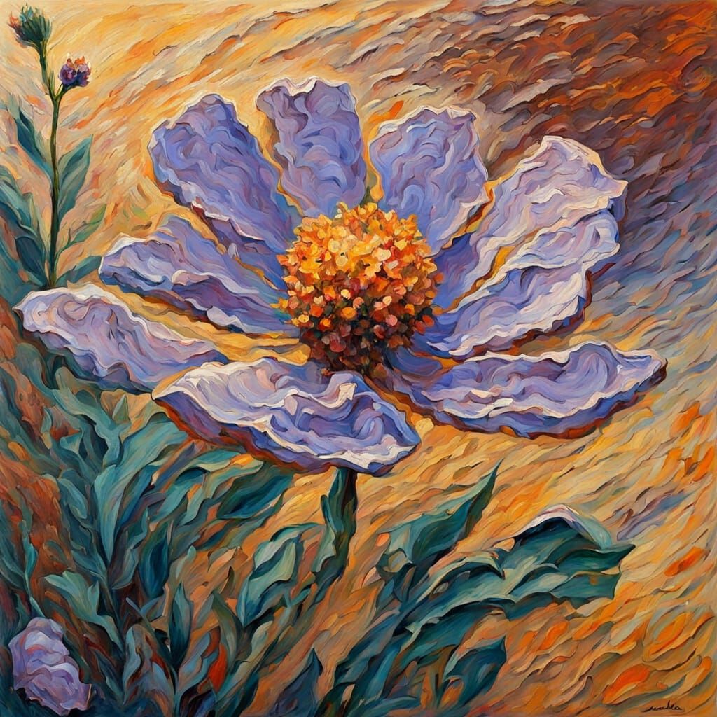 Wildflower Growing from Seashell as Impasto Oil Painting