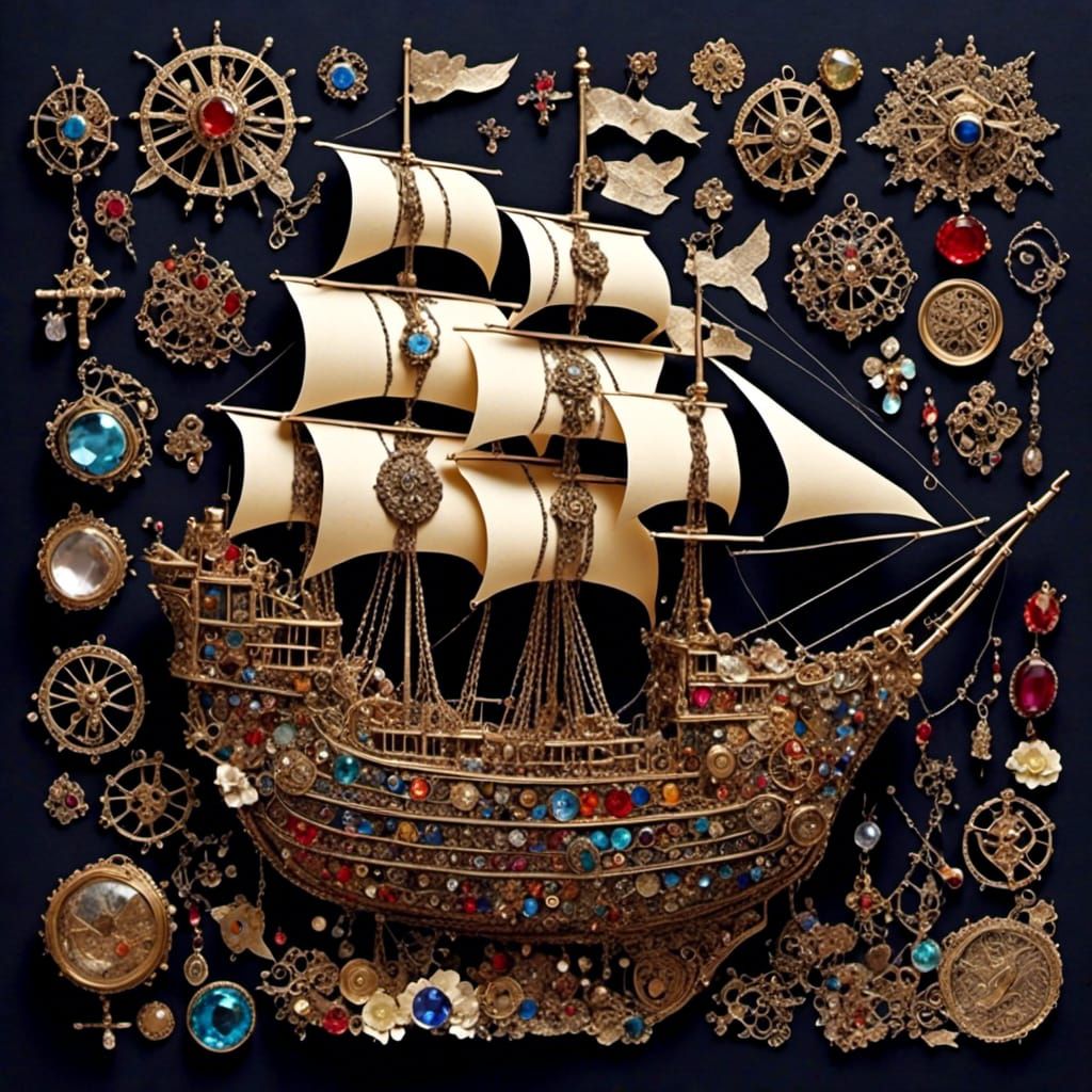 Pirate Ship Constructed From Found Objects Collage