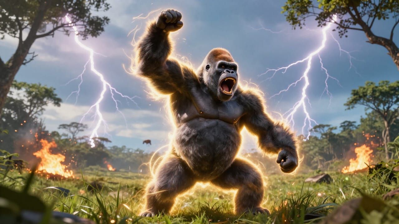 Epic Gorilla Roaring with Golden Aura in Jungle