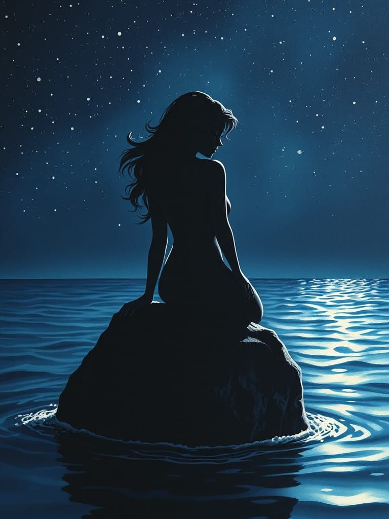 Surreal Mermaid Goddess in the Starry Night Sea