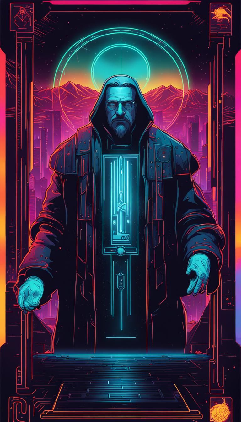 Cyberpunk Hierophant Tarot Card in Neon Style