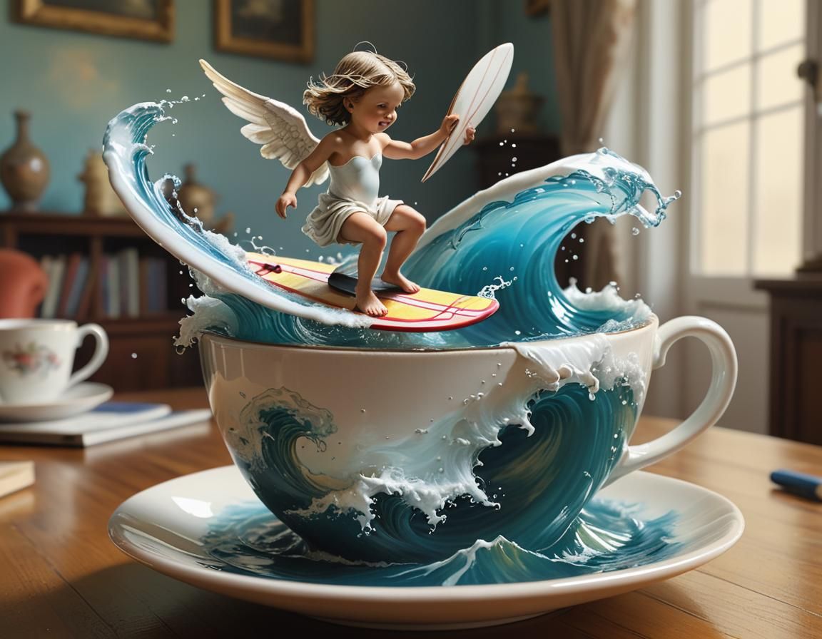 Angel Whale Surfing in Teacup, Oil Glazing Technique