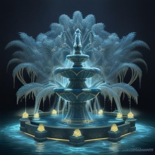 Elegant Water Fountain at Night: Detailed Matte Painting