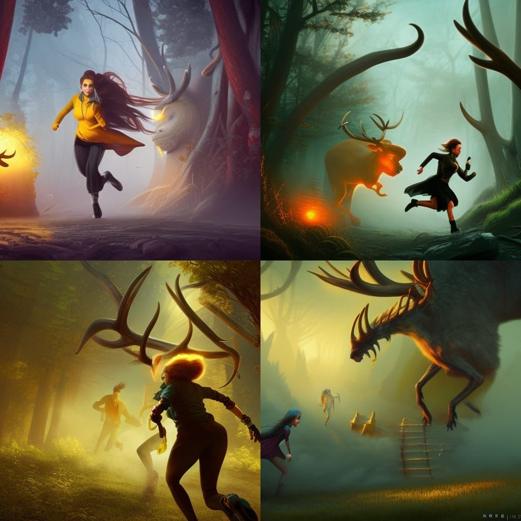Woman Escapes Antlered Monster in Fantasy Landscape