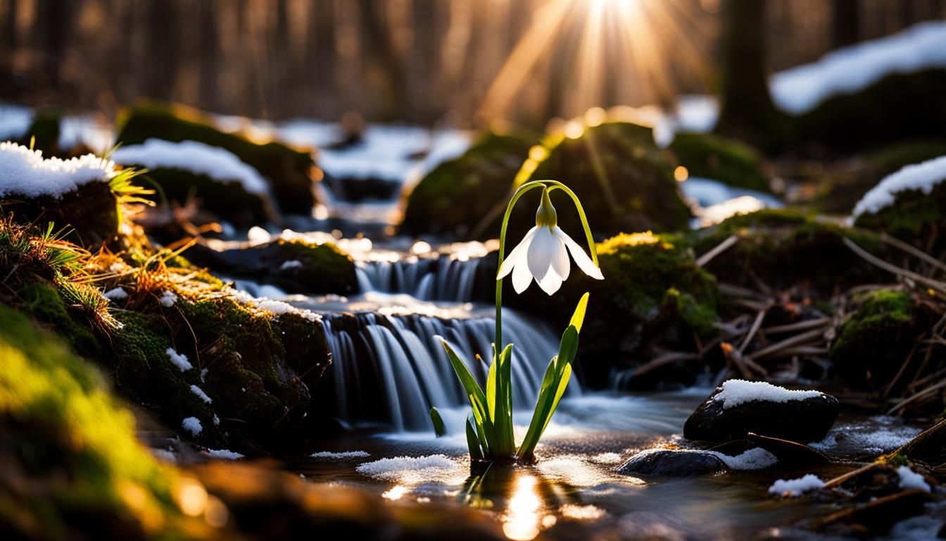 Spring Waterfall with Snowdrops in Natural Light
