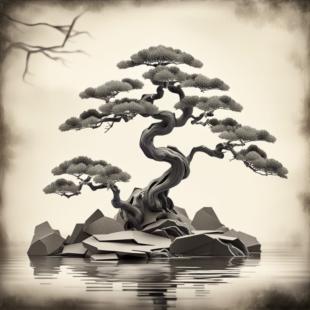 Zen Bonsai Tree: Antique Chinese Painting