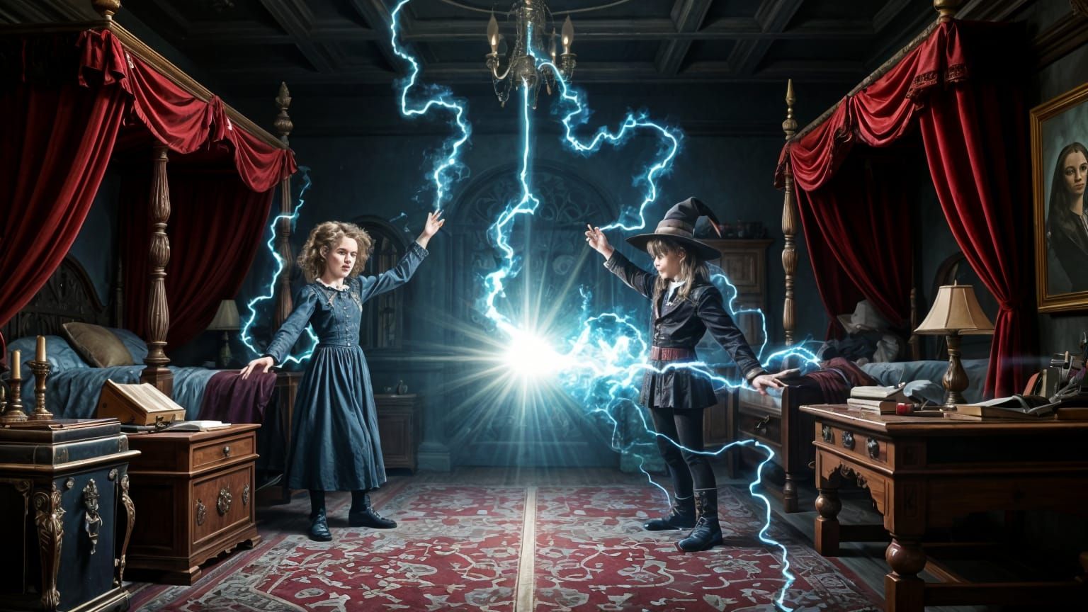 Siblings Cast Magic Spells in Cozy Gothic Bedroom