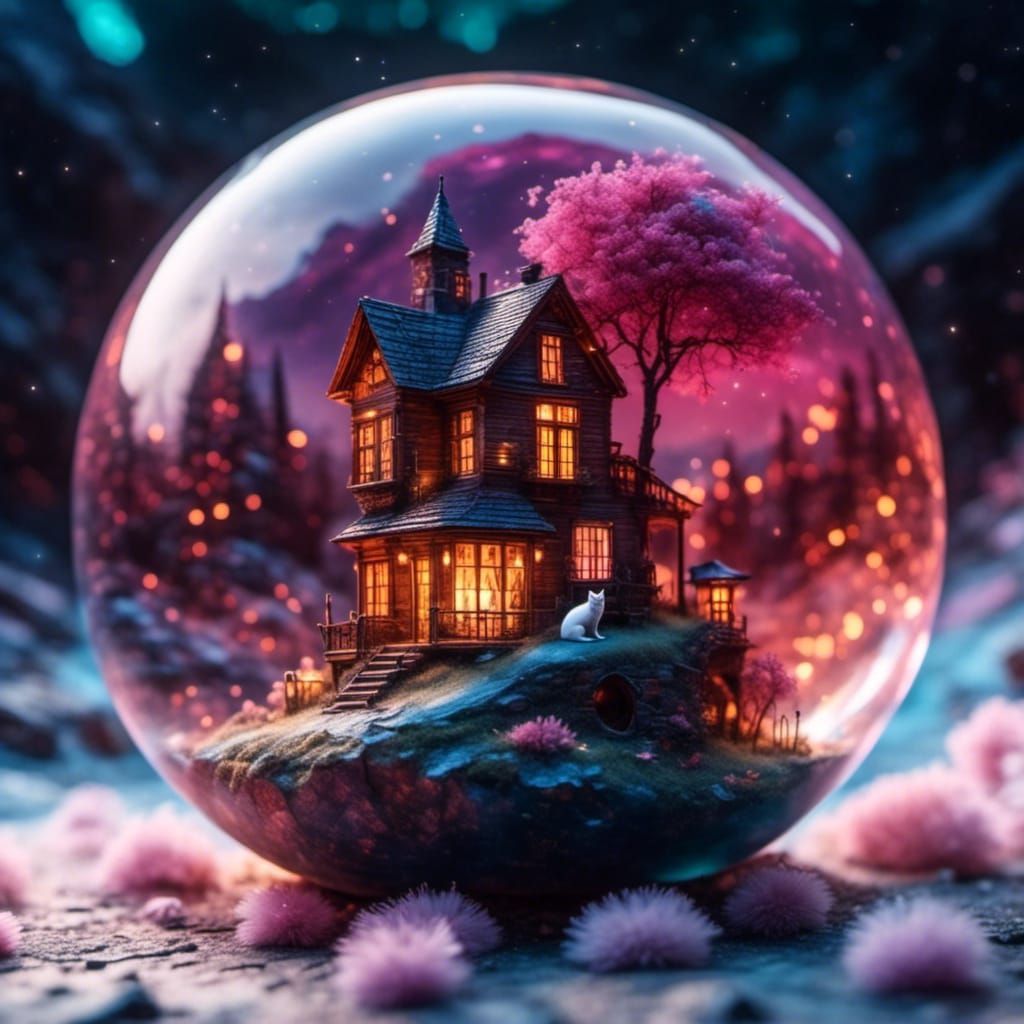 Glass Ball with White House and Cat