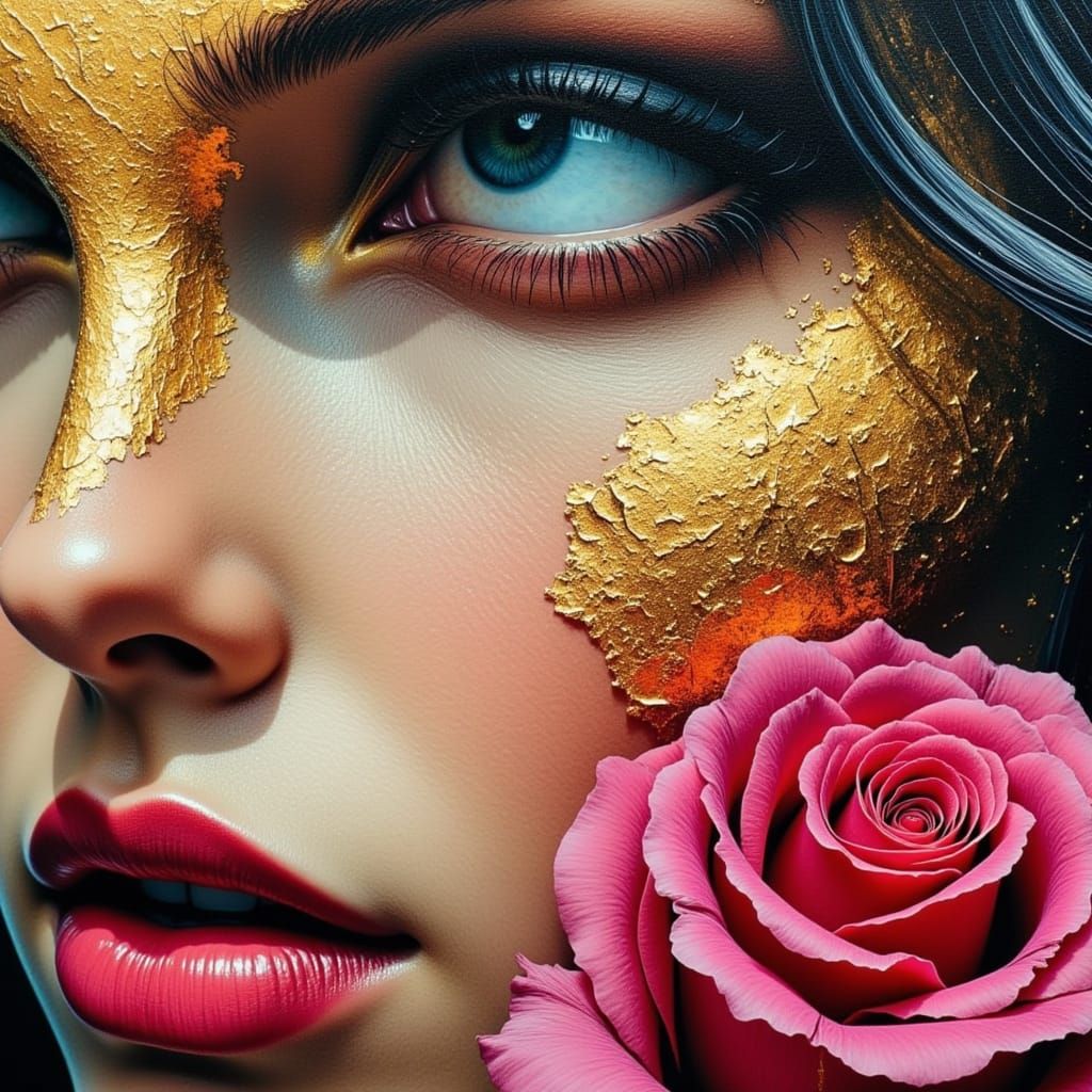 Masterpiece Oil Painting Portrait With Blue Eye and Rose