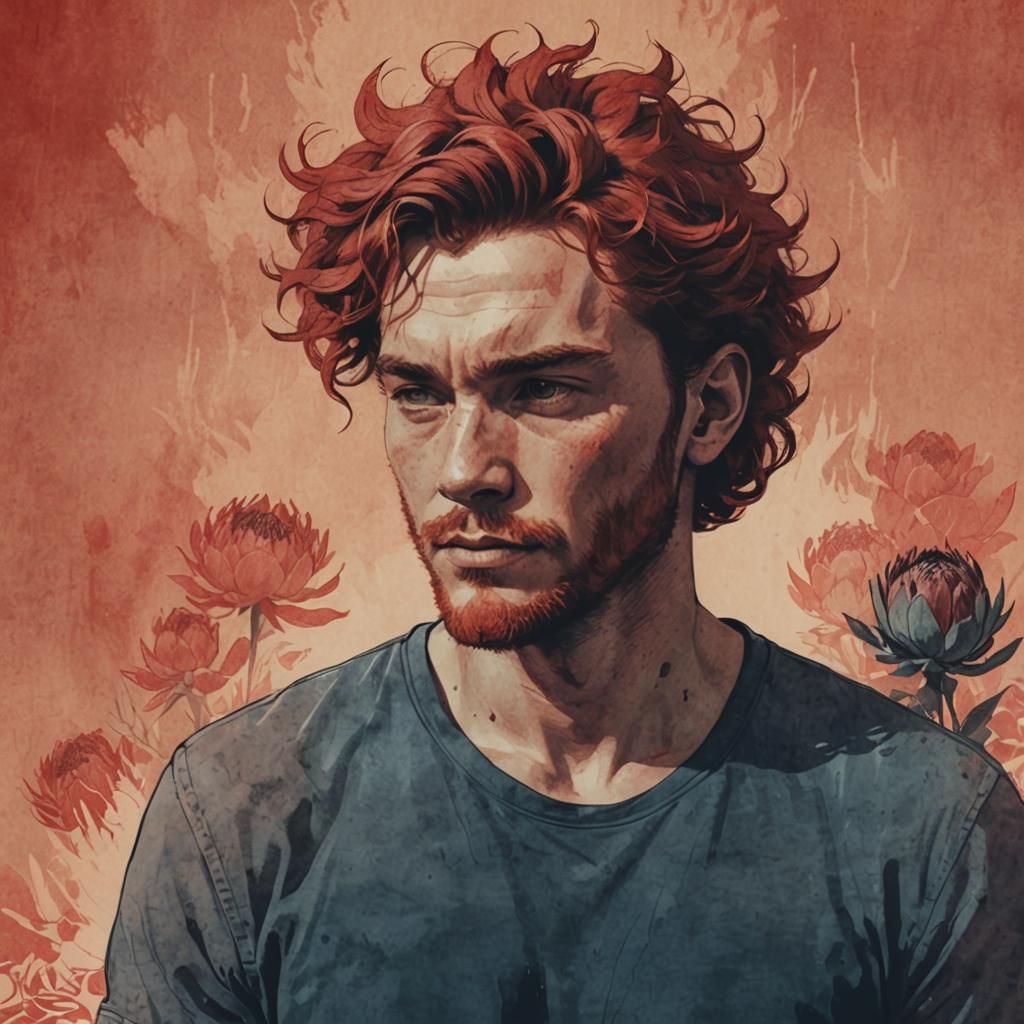 Duotone Illustration of Man with Flowers