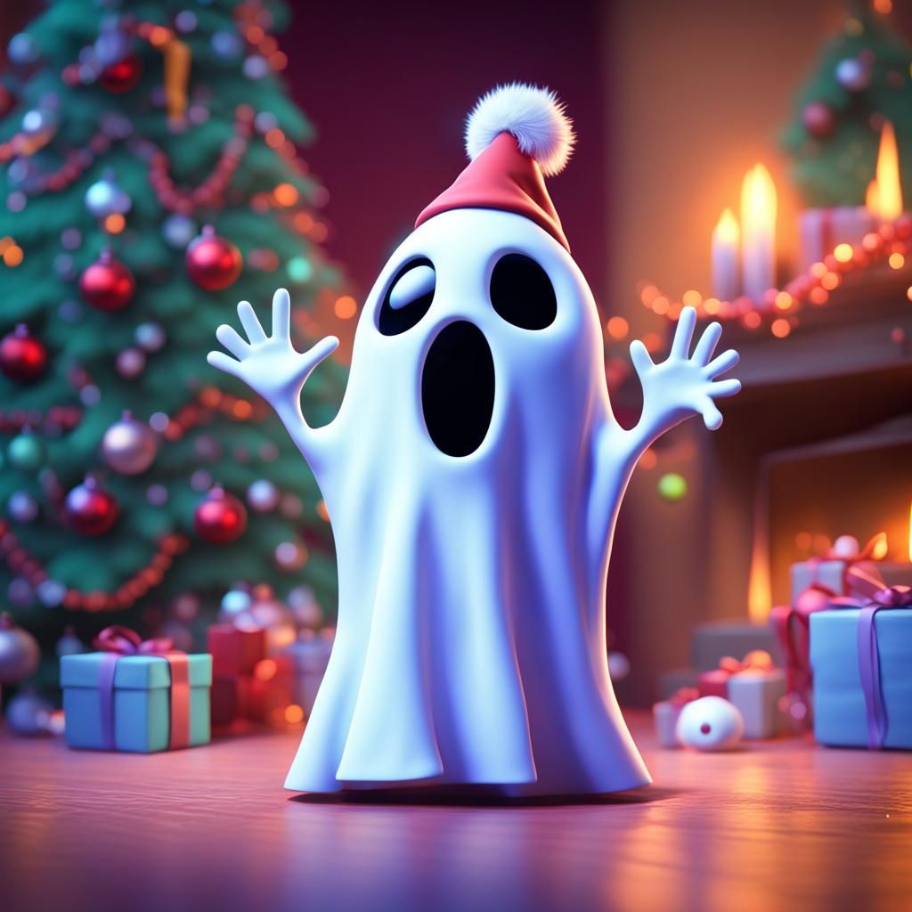 Festive Ghost Celebrates Christmas: Pixar-style 3D Art