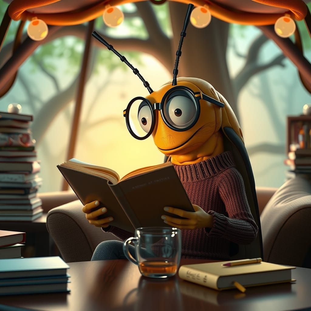 Cicada Reading in Cozy Treehouse Lounge: 3D Digital Art