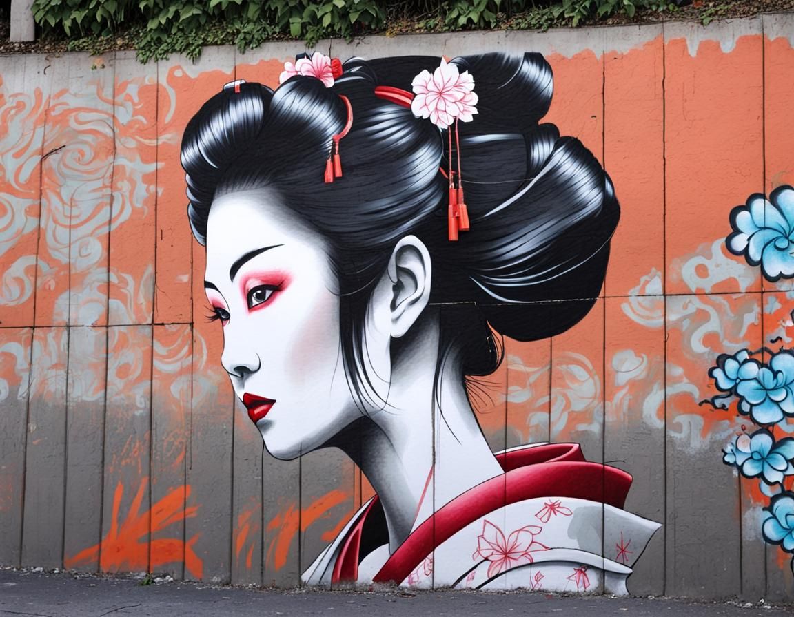 Geisha Graffiti Art on City Wall