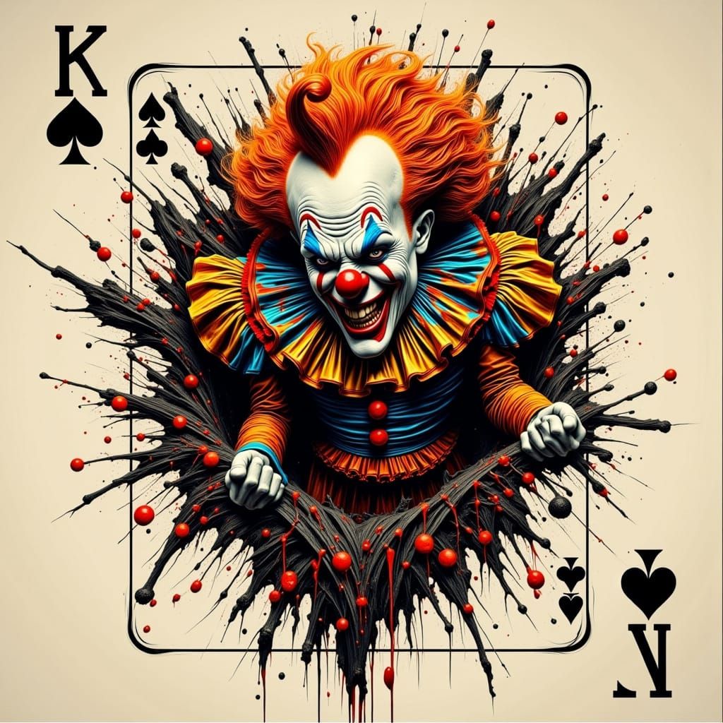 Frenzied Clown Emerges from Ripped Joker Card in Bold Pop Ar...