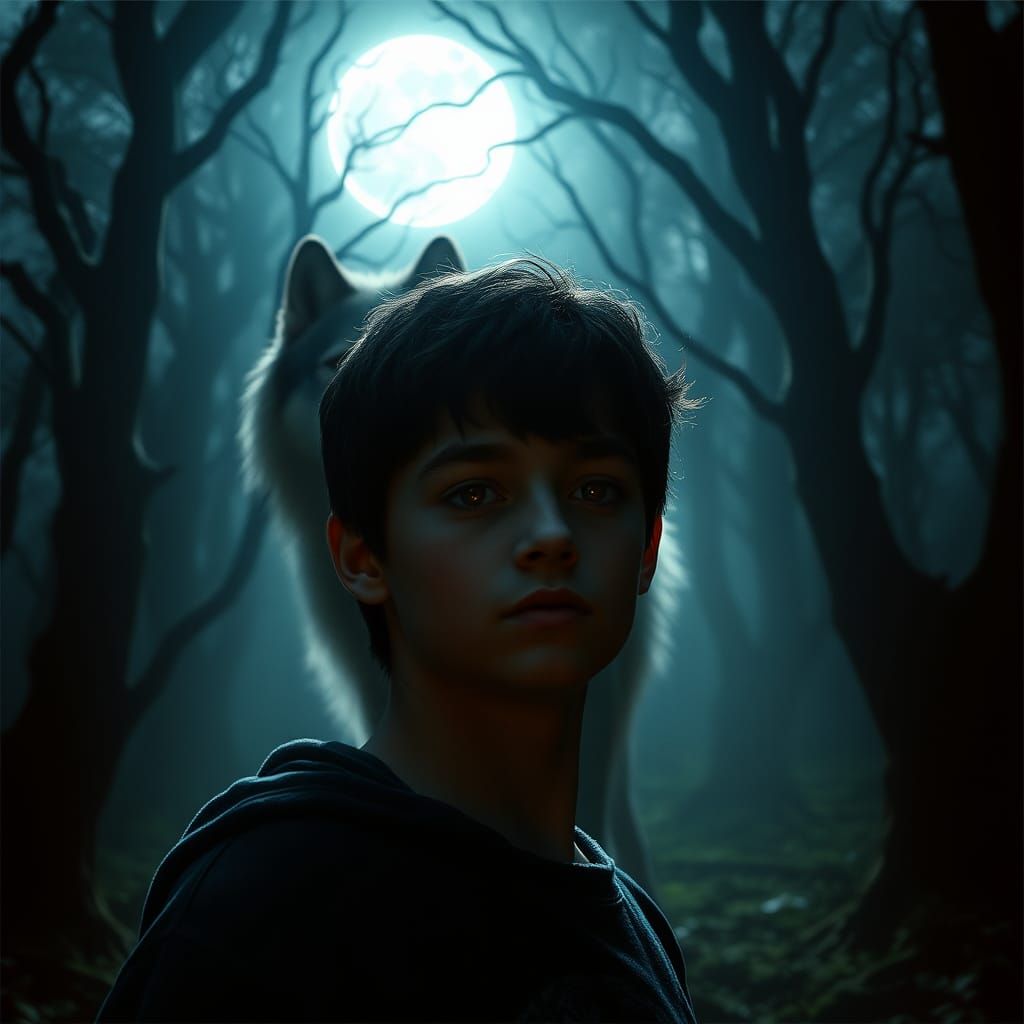 Mystical Forest Encounter: Boy and Wolf in Moonlight