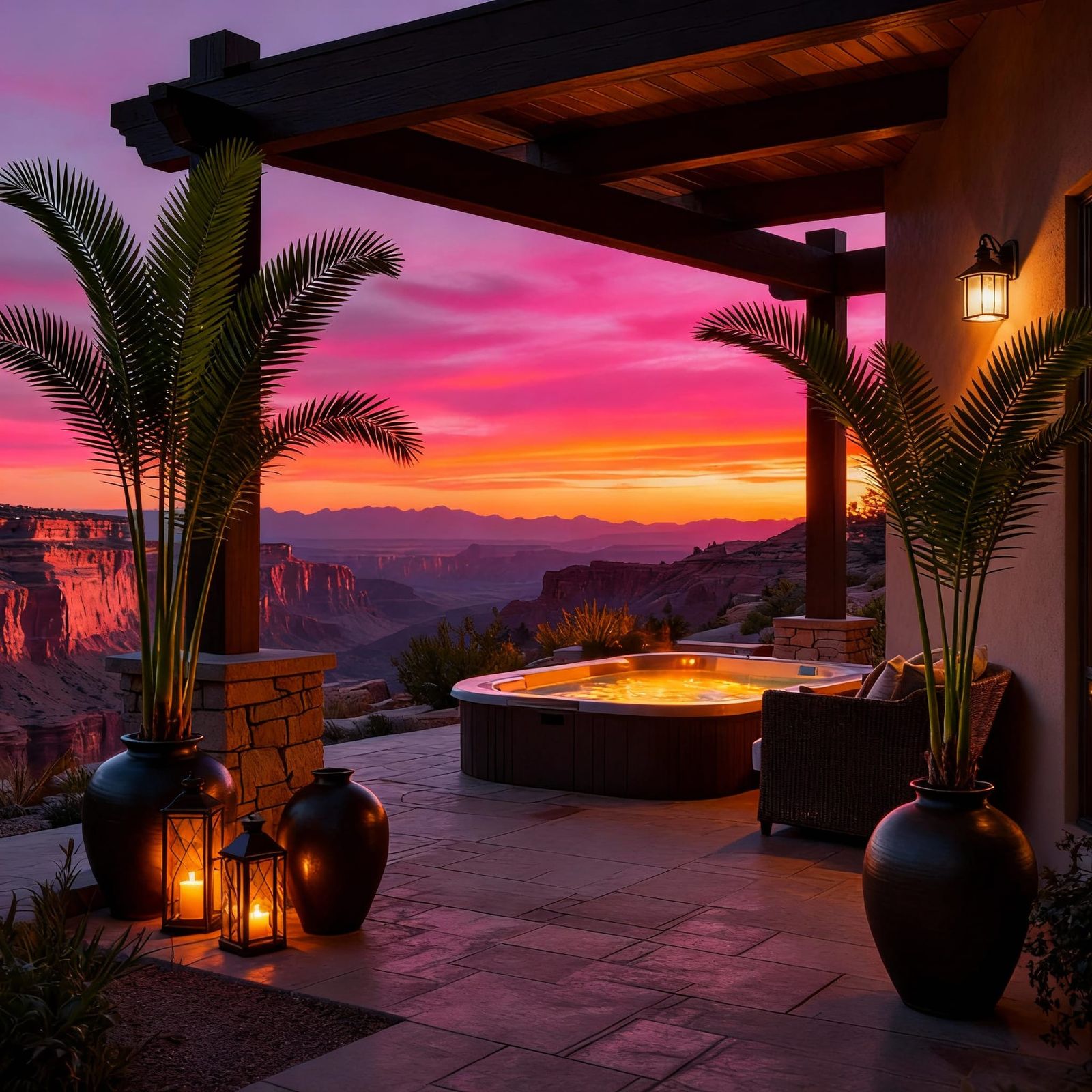 Chiaroscuro Sunset Over Canyon With Gazebo And Sago Palms