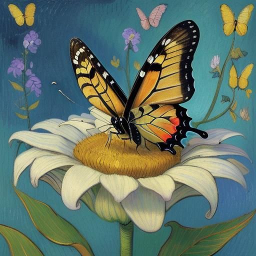 Butterfly in Flower, Van Gogh Inspired Impressionism