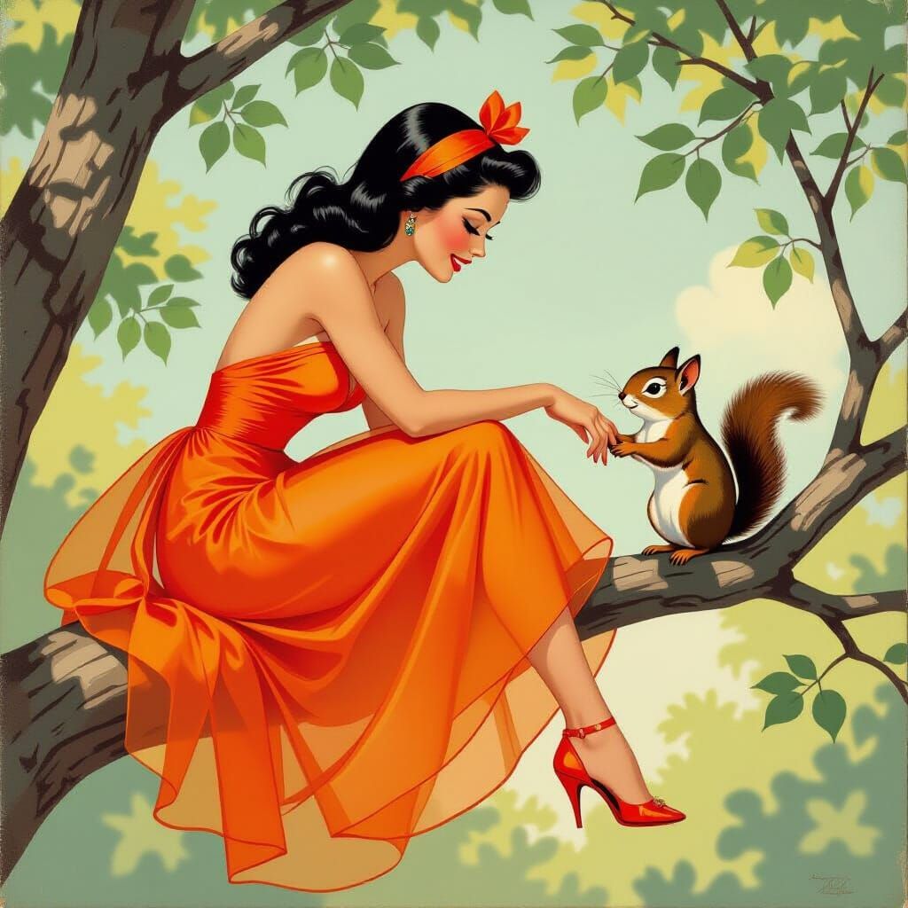 Pinup Girl and Squirrel in Vintage Style