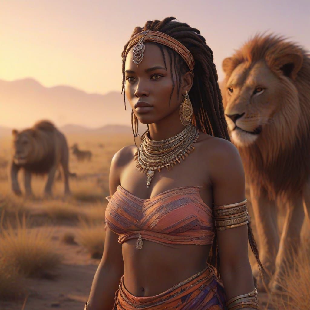 Regal African Woman in Golden Savanna Sunset
