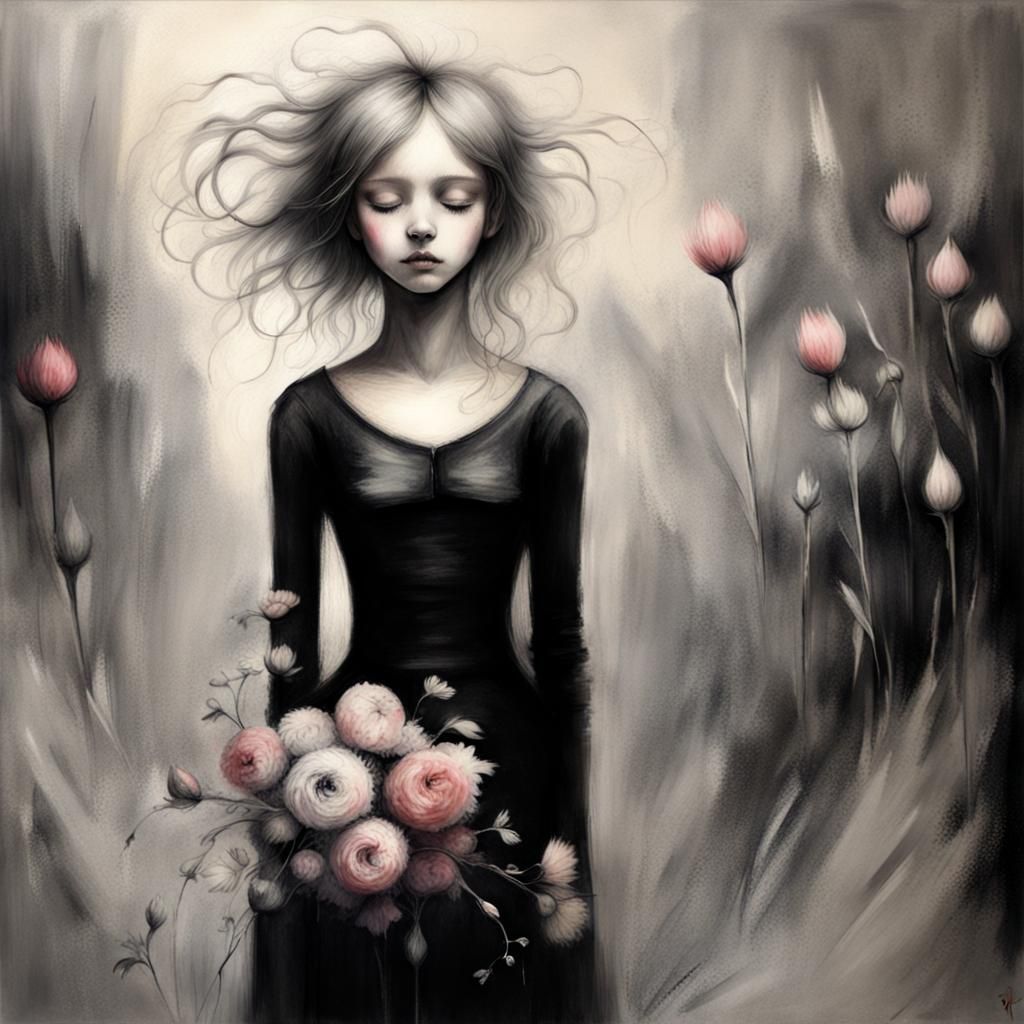 Girl with Flowers in Line Art Style