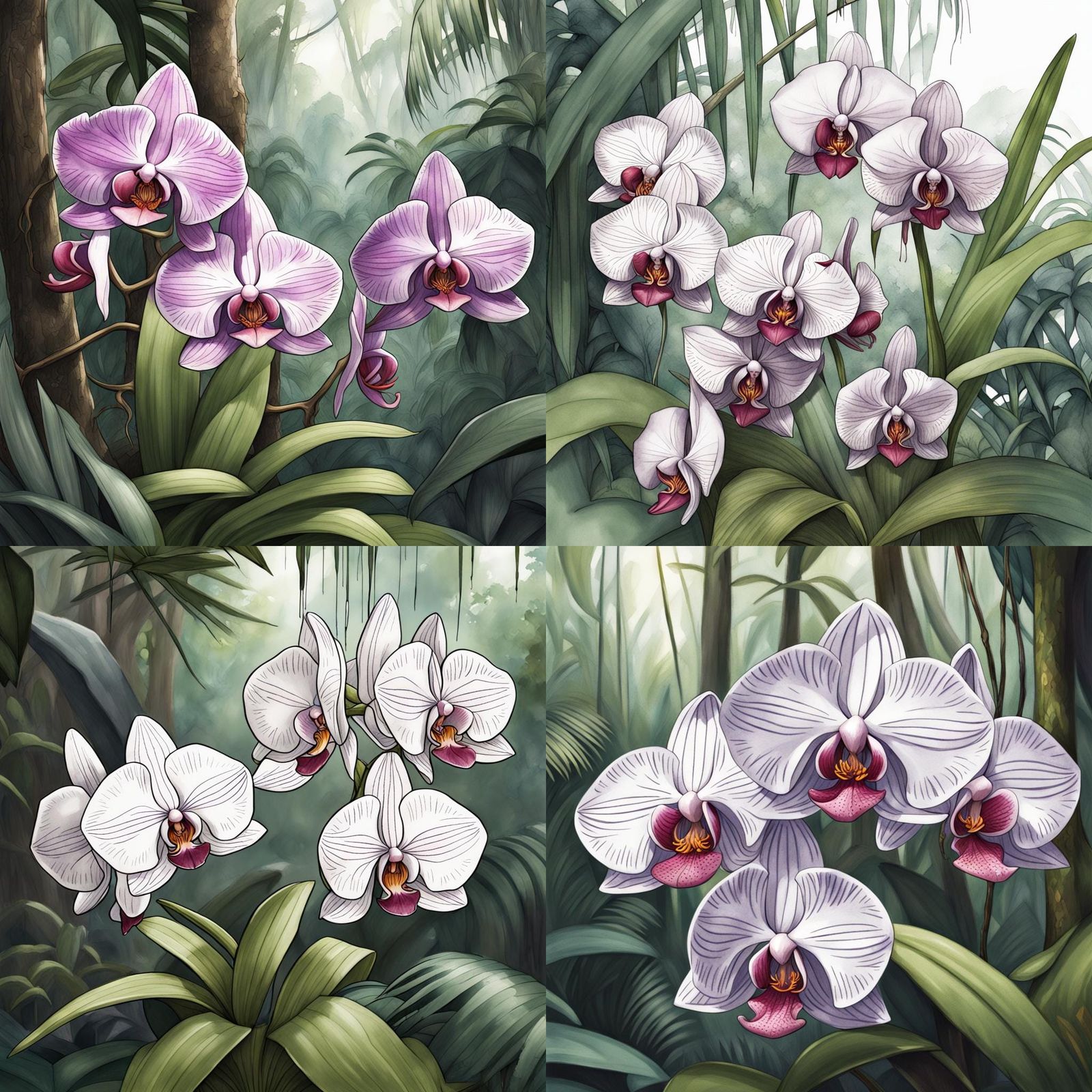Jungle Orchids: Photorealistic Detailed Watercolor Illustrat...