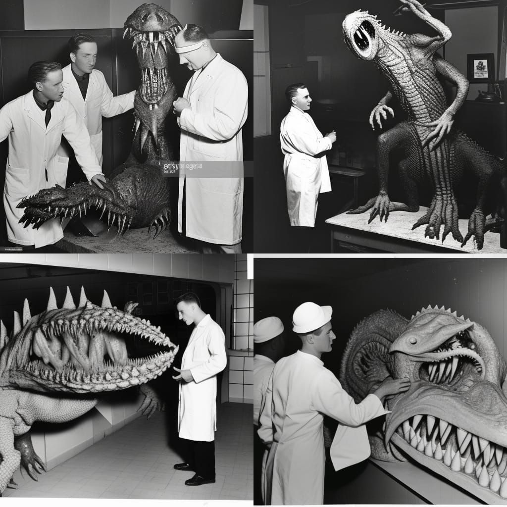 Vintage Photo of Scientists and Scaly Monster