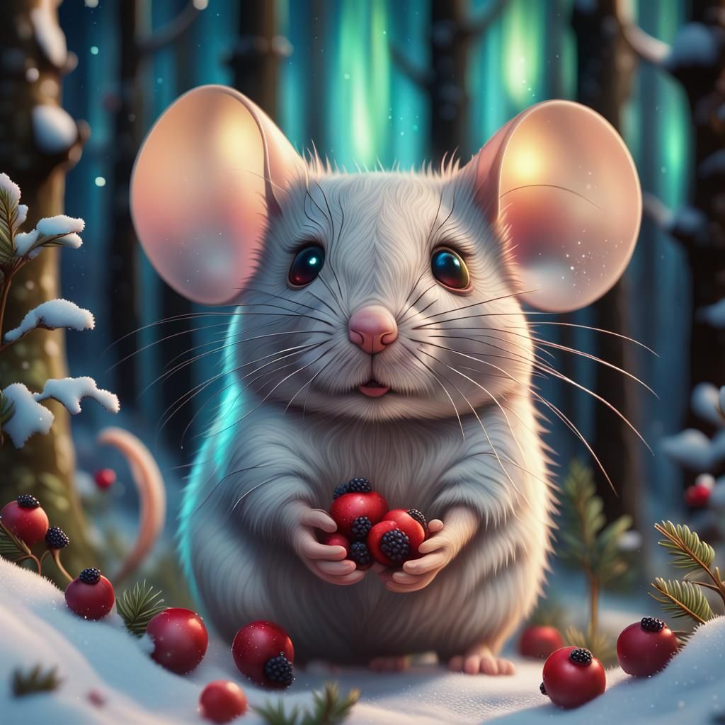 Cute 3D Mouse Portrait in Magical Winter Forest