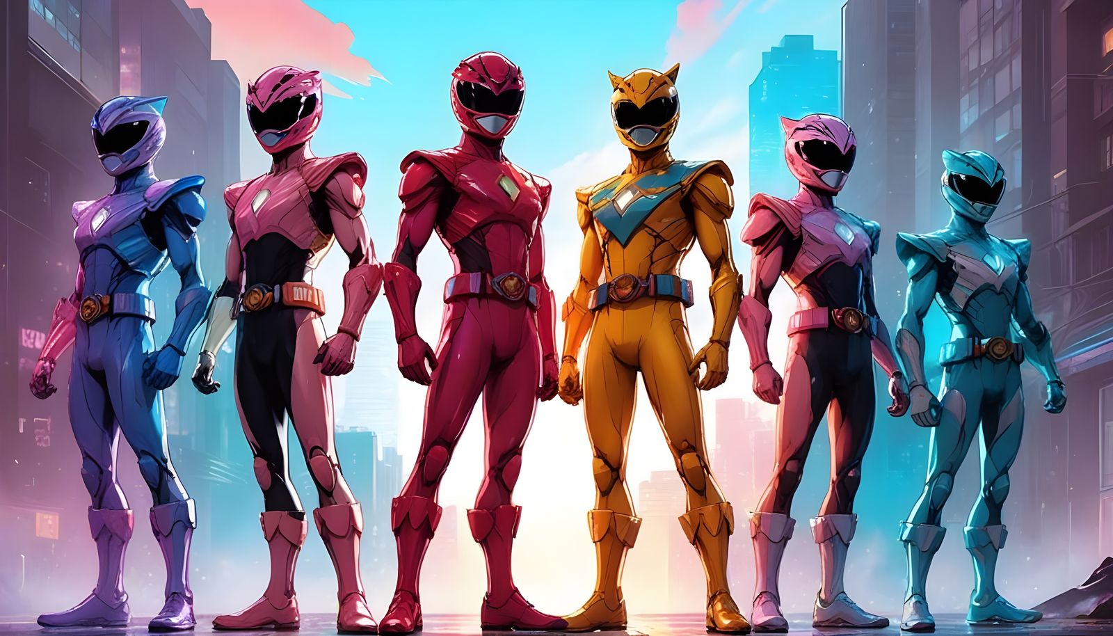 Anime-Style Mighty Morphin Power Rangers in Neon City