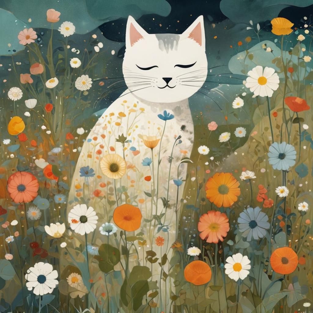 Whimsical Feline Amidst Vibrant Floral Splendor