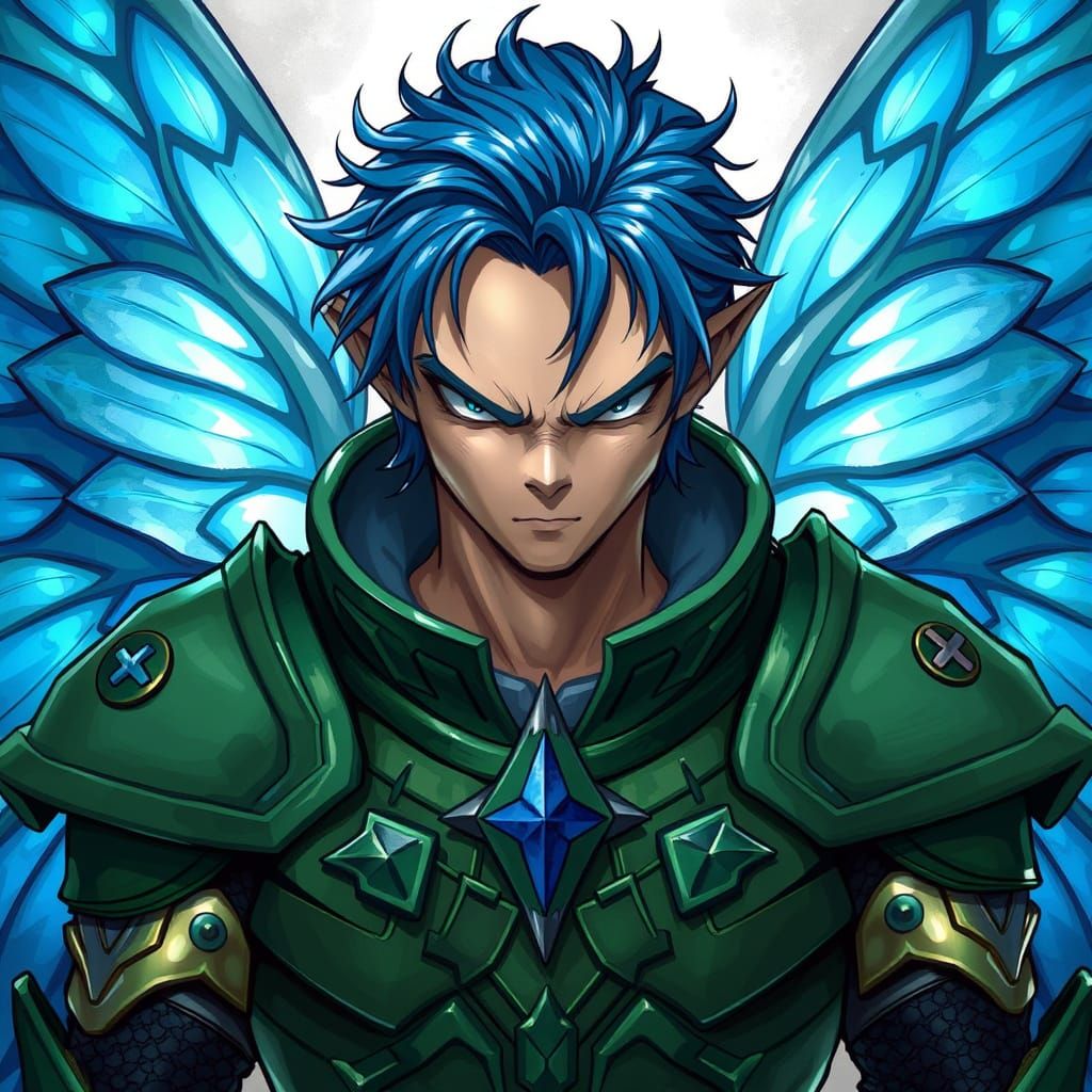 Majestic Blue Haired Fairy Knight in Rugged Armor