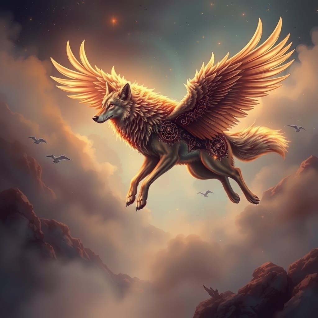 Majestic Winged Wolf in Ethereal Mist
