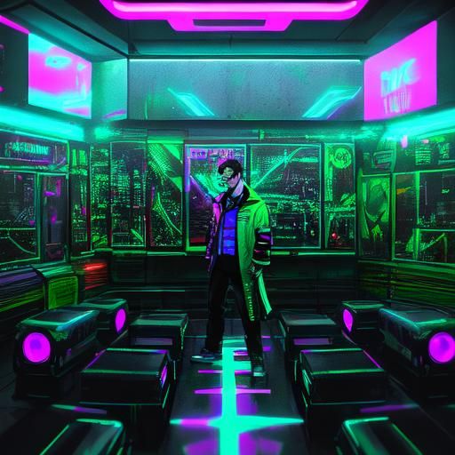 Synthwave Musician in Neon Cyberpunk Scene