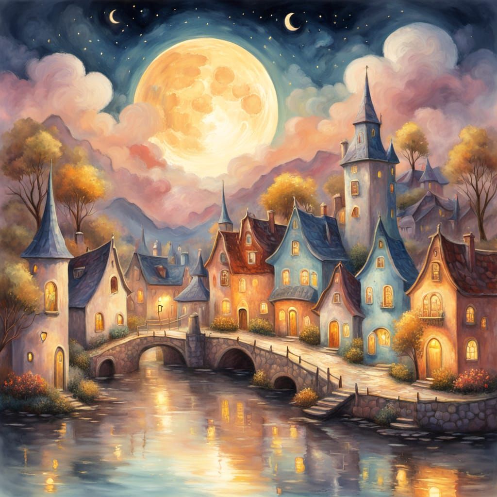 Enchanted Moonlit Village in Pastel Painterly Style