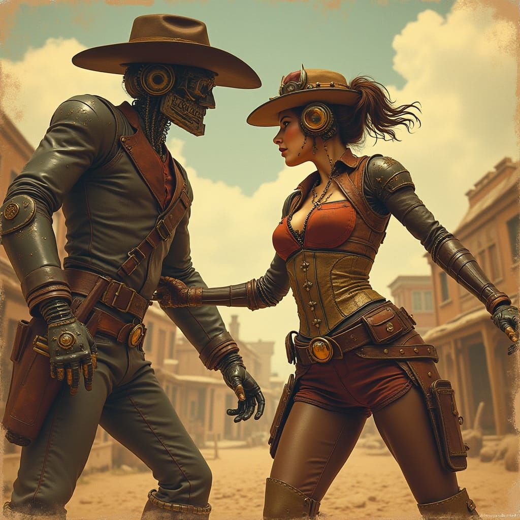 Steampunk Western Showdown: Cowgirl vs Robot Sheriff Poster