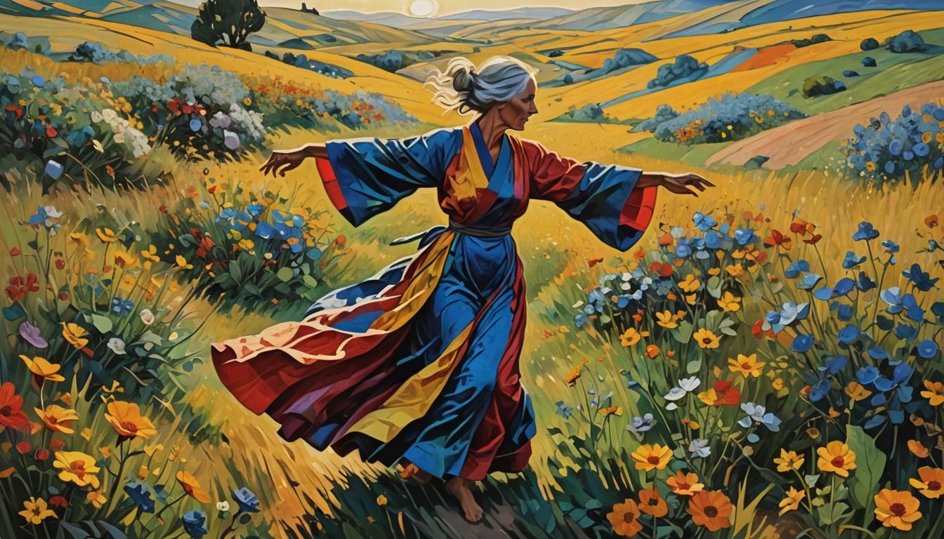 Woman Dancing in a Vibrant Landscape as Oil Painting