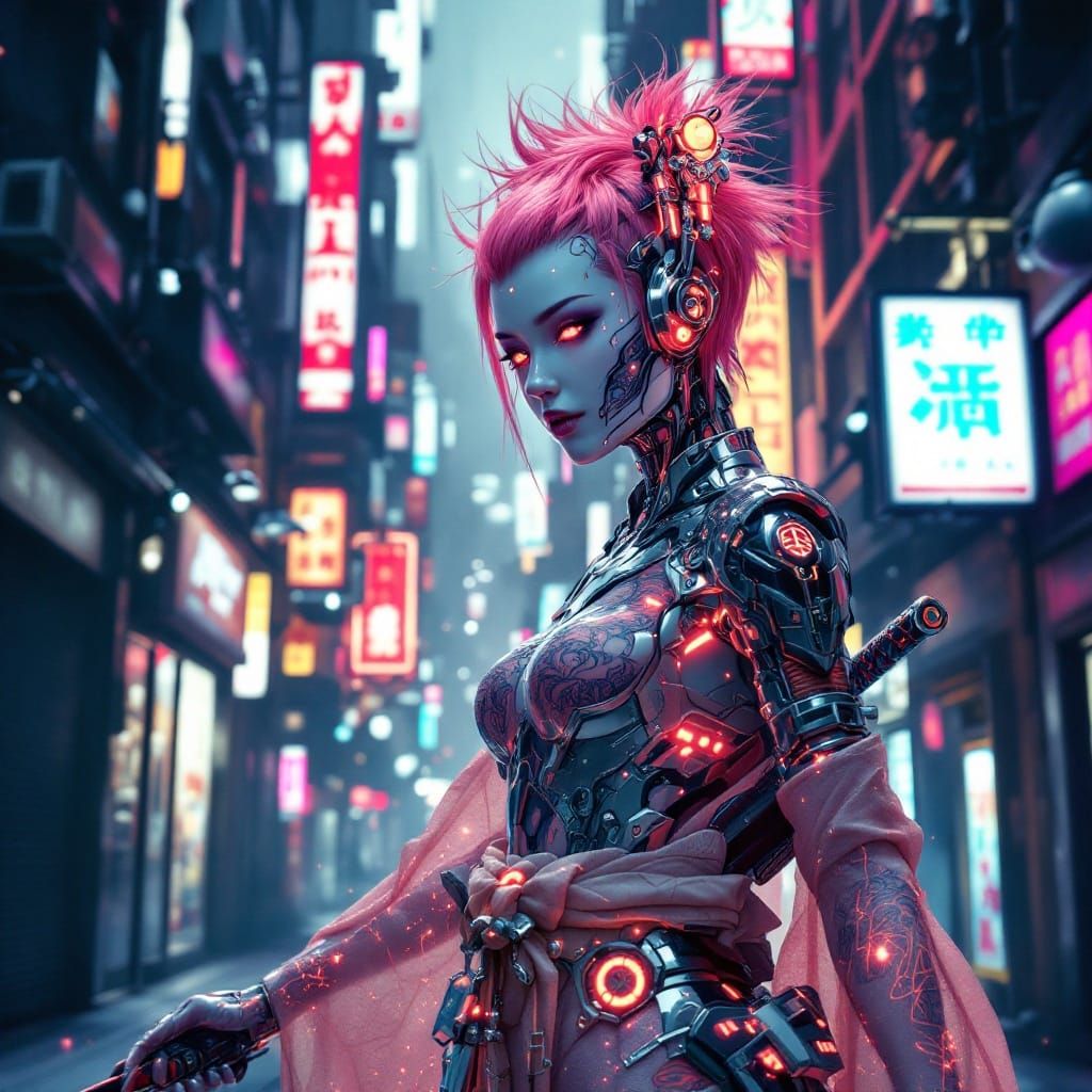 Android Geisha in Neon Alley: Cyberpunk Art