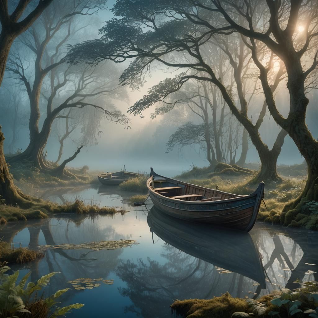 Misty Glade Boat in Fantasy Art Nouveau Style