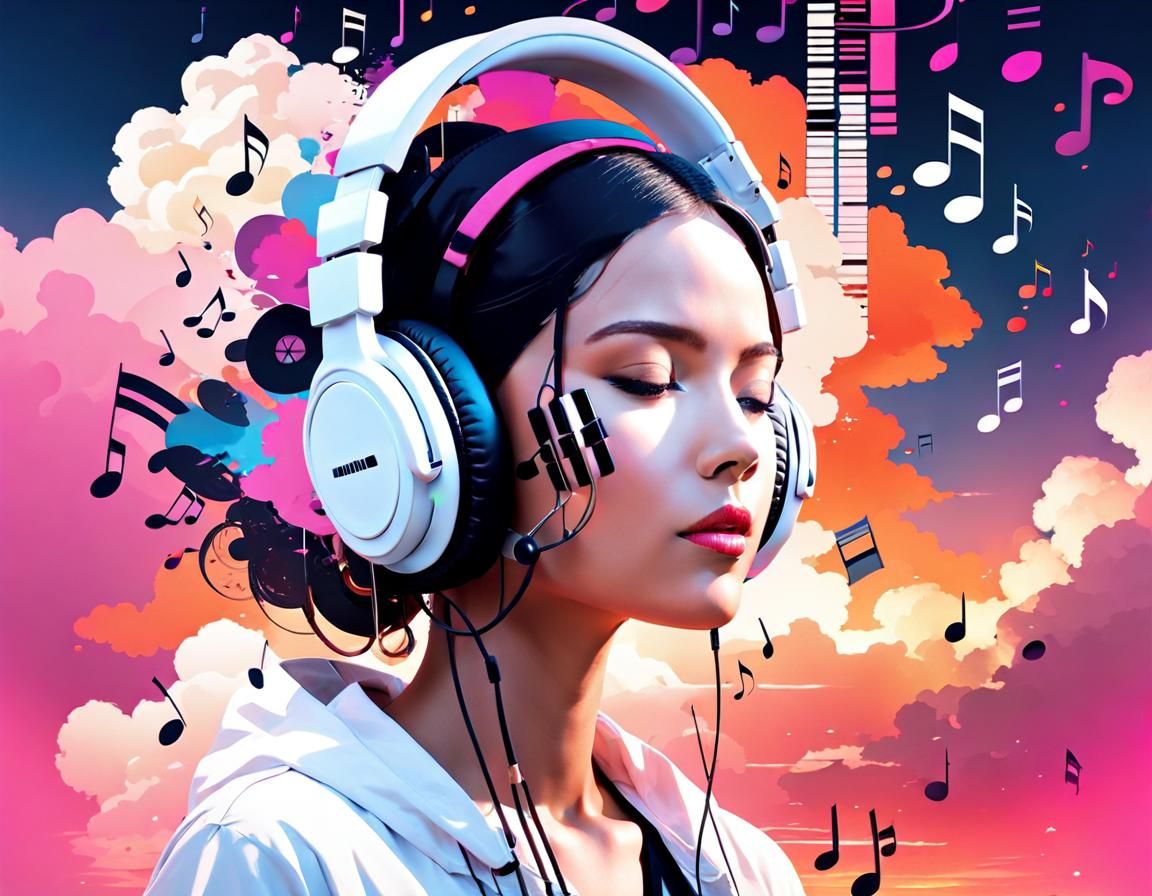 Musical Double Exposure with Headphones and Sunset