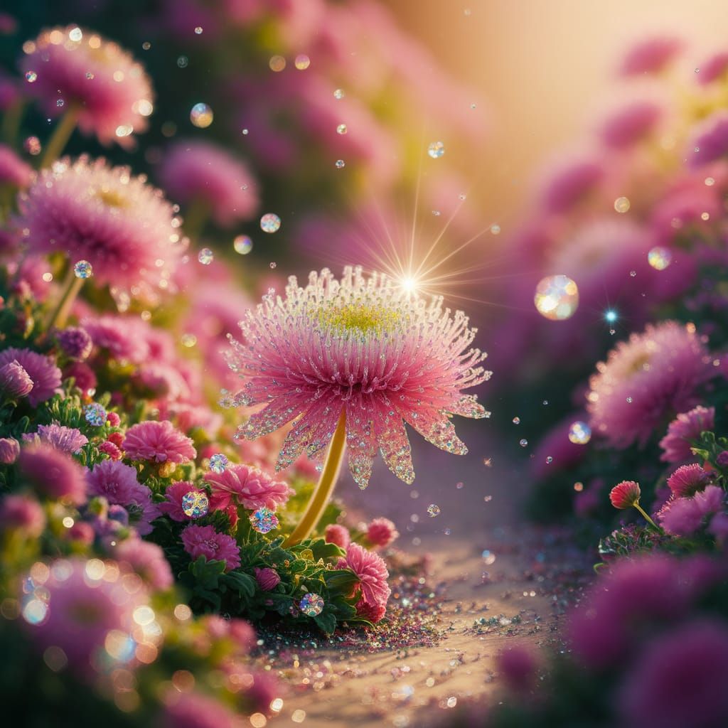 Dreamlike Garden with Shimmering Diamonds and Golden Rays