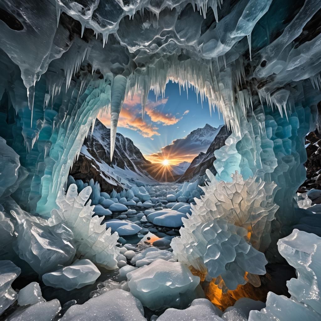 A majestic ice cave adorned with intricate frozen formations...