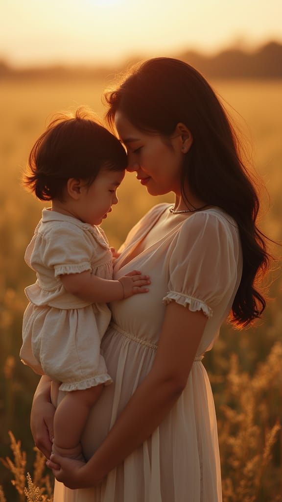 Serene Asian Mother and Child in Golden Hour