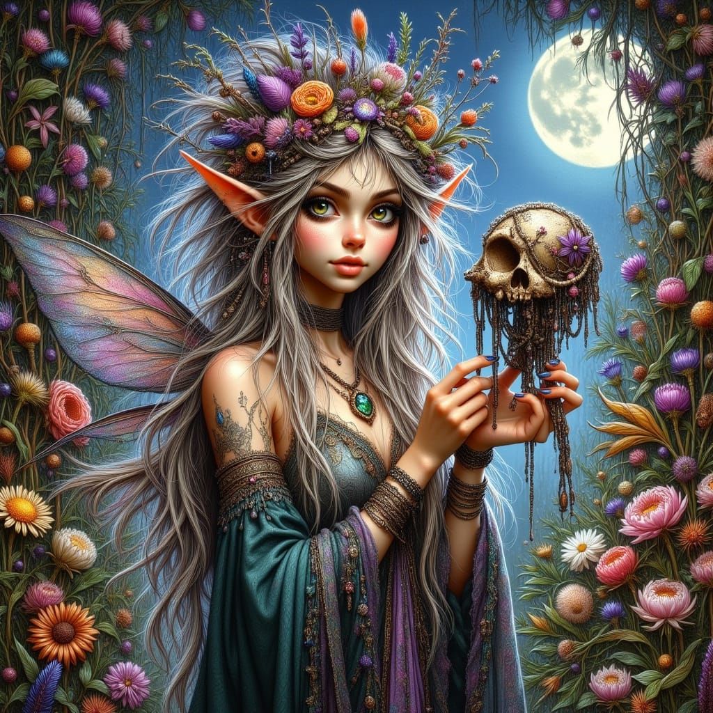 Ethereal Pixie Voodoo Priestess in Mystical Moonlit Portrait