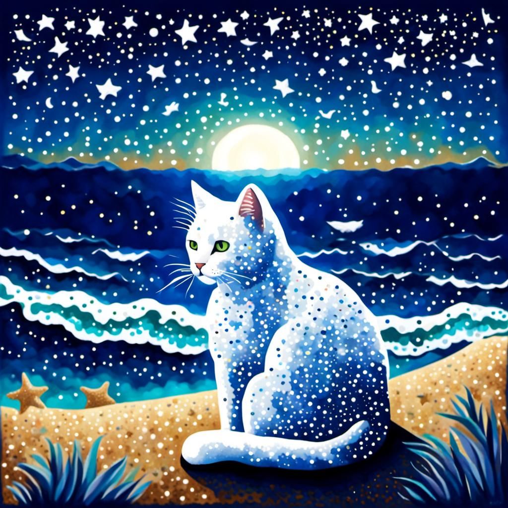 Pointillist Cat Gazing at Stars over Ocean