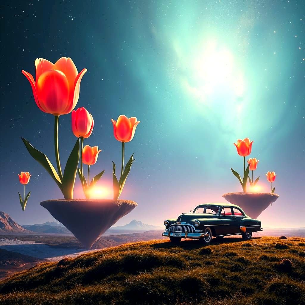 Giant Luminous Tulips on Floating Islands in Nebula Sky